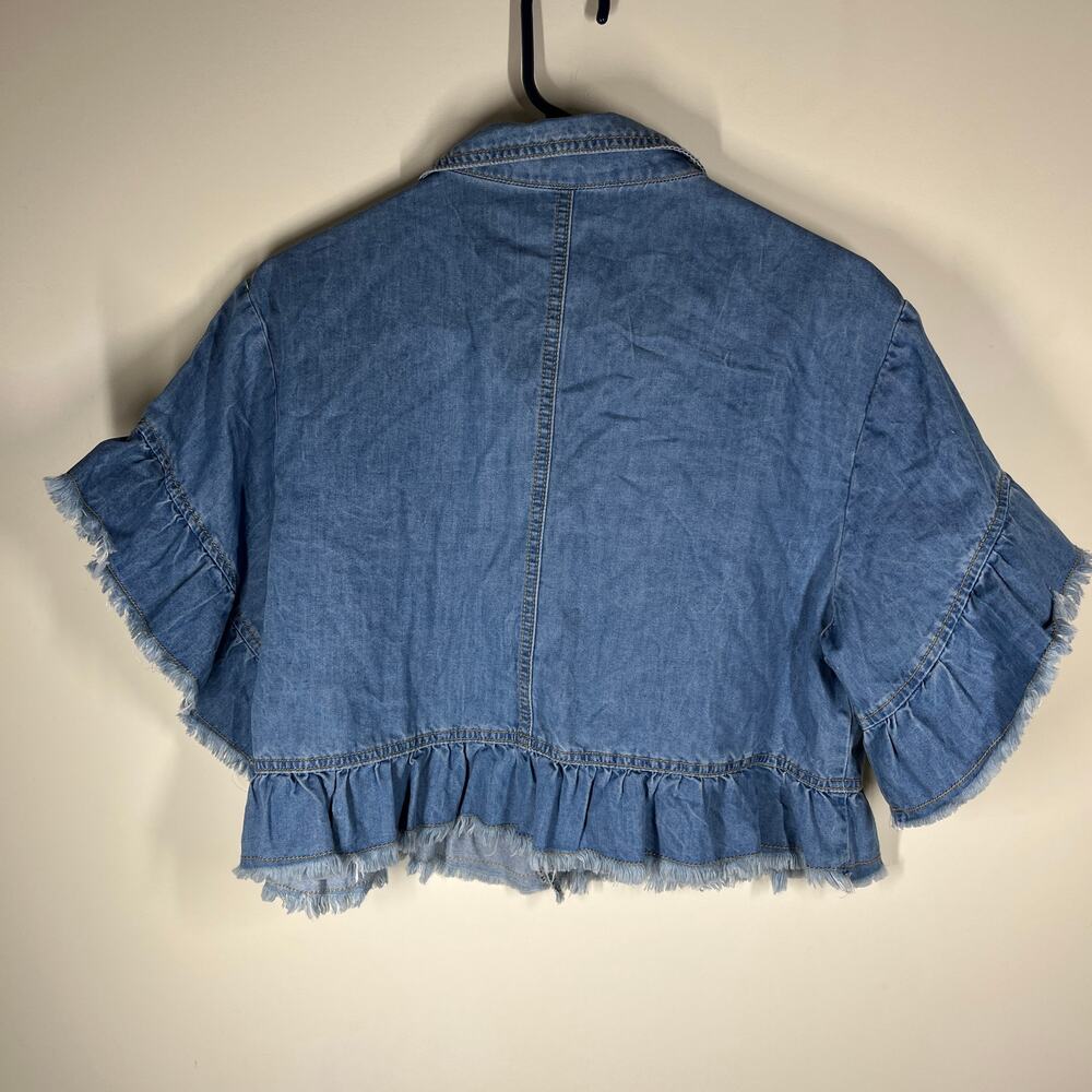 Allegra K Jacket Womens Large Top Layer Lt Wt Denim Cropped Ruffled Jean Frayed - Picture 10 of 12